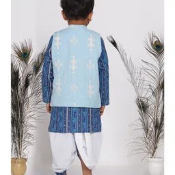 Little Bansi Full Sleeves All Over Floral Motif Print Kurta With Coordinated Lace Detailing Dhoti & Motif Print Jacket - Indigo Blue Sky Blue & White image 3