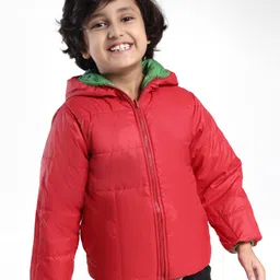 Little Kangaroos Knit Full Sleeves  Mountain Theme Print Padded Hooded Winter Jacket with Kangaroo Pockets -  Green & Red image 2