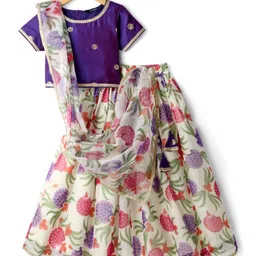 Pine Kids Woven Half Sleeves Tropical Theme Printed Choli Lehenga Set with Dupatta & Lace Detailing - Purple image 2