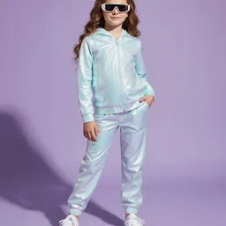 Hola Bonita Knit Full Sleeves Shiny Party Hooded Top & Pant Set - Light Blue image 2