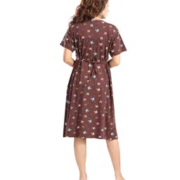 Fabme Sinker Knit Half Sleeves Leaves & Polka Dots Printed Maternity Night Dress With Horizontal Zipper Nursing Access - Chocolate Brown image 3