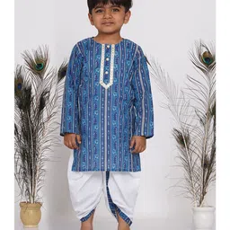 Little Bansi Full Sleeves All Over Floral Motif Print Kurta With Coordinated Lace Detailing Dhoti & Motif Print Jacket - Indigo Blue Sky Blue & White image 4