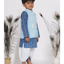 Little Bansi Full Sleeves All Over Floral Motif Print Kurta With Coordinated Lace Detailing Dhoti & Motif Print Jacket - Indigo Blue Sky Blue & White image 5
