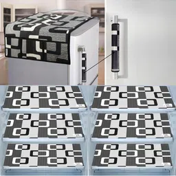 E-Retailer 8Pc White & Black Printed Waterproof 3-Layered Refrigerator Covers With Pockets-picture-32