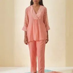 Prakriti Jaipur Peach Bandhej Bandhani V-neck Shirt image 1