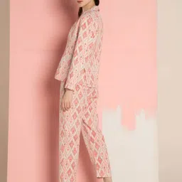 Ekohum Pink Cotton Flex Ikhat Print Coat with Cotton Flex Ikhat Print Pant Co-Ord Set image 2