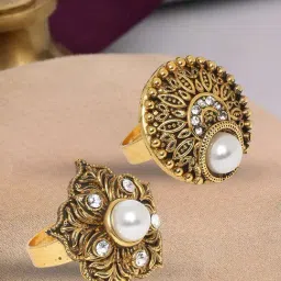 OOMPH Antique Gold Tone Floral Ethnic Adjustable Finger Ring Pack of 2-picture-16