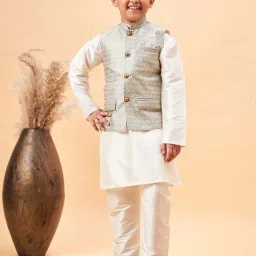 VASTRAMAY Boys White & Beige Self Full Sleeves Kurta Sets image 1