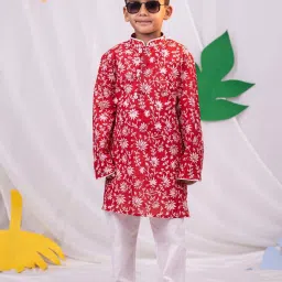 VASTRAMAY Boys Red & White Floral Full Sleeves Kurta Sets image 1