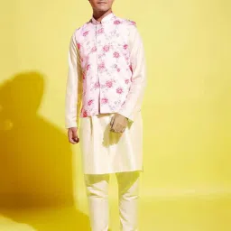 VASTRAMAY Boys Peach & Cream Floral Full Sleeves Kurta Sets image 1