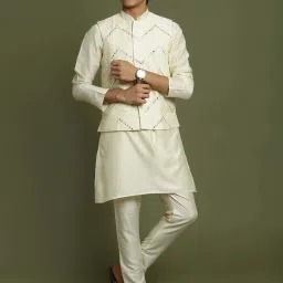 VASTRAMAY Boys Cream Embroidery Full Sleeves Kurta Sets image 1