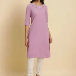 W Purple Cotton Embroidered Straight Kurta image 1