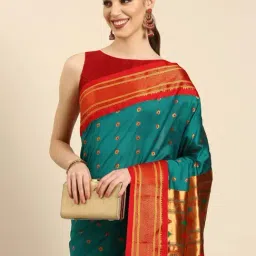 Varkala Silk Sarees Blue & Red Woven Saree With Unstitched Blouse image 3