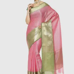 Banarasi Silk Works Pink & Green Woven Saree With Unstitched Blouse-image-11