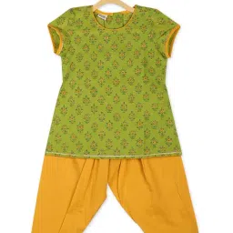 Fabindia Kids Green & Yellow Floral Print Kurta with Salwar-image-99