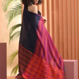 BEATITUDE Navy & Orange Cotton Embroidered Saree With Unstitched Blouse image 2