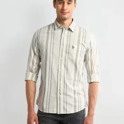 U.S. Polo Assn. White Slim Fit Striped Cotton Shirt image 1
