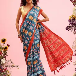 Silk Land Teal Blue & Red Silk Printed Saree With Unstitched Blouse image 1
