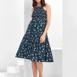 SELVIA Blue Floral Print Fit & Flare Dress image 1