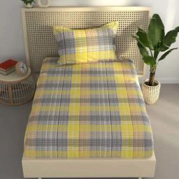 BIANCA Estonia Yellow & Grey Cotton 116 TC 115 GSM Single Size Bedsheet With Pillow Cover-picture-35
