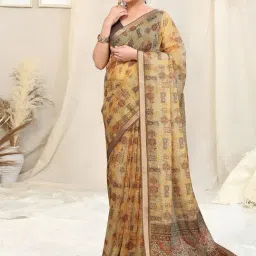 Mirchi Fashion Yellow Kota Doria Block Print Saree With Unstitched Blouse-picture-43