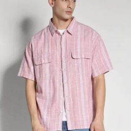 American Eagle Pink Cotton Regular Fit Striped Shirt-picture-37