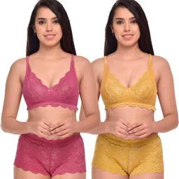 samvar Women Pink,Yellow Net Bra Panty Set for Lingerie Set Undergarments Pack of 2-picture-24