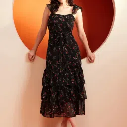 KASSUALLY Black Floral Print Midi Dress-image-58