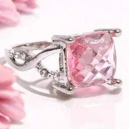 OOMPH Pink Solitaire Princess Cut Large Crystal Engagement Proposal Fashion Finger Ring-image-85