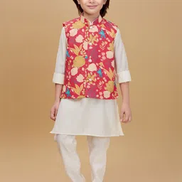 Ministitch Boys Floral Printed Mandarin Collar Kurta With Pyjamas & Nehru Jcket-picture-12