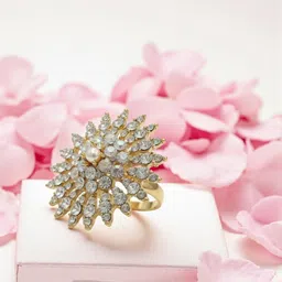 ANIKAS CREATION Gold-Plated Stone-Studded & Beaded Adjustable Floral Finger Ring-image-76