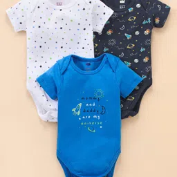 Simply Cotton Interlock Half Sleeves Onesie Star Print Pack of 3 - White & Navy Blue-image-71