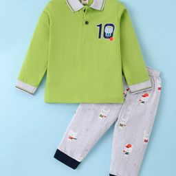 Zero Sinker Knit Full Sleeves Polo T-Shirt & Lounge Pants Set With Animals Print - Liime & Grey-picture-27