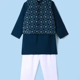 Babyhug Woven Full Sleeves Solid Colour Kurta & Pyjama Set with EmbroideredJacket - DarkGreen-picture-11