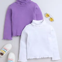 Aww Hunnie Pack Of 2 Cotton Rib Full Sleeves Solid Tees - Lavender & White-picture-21
