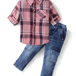Babyhug Cotton Full Sleeves Checks Shirts & Jeans Set with Pockets - Pink Navy Blue-picture-10
