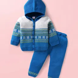 Babyhug Full Sleeves Hooded Front Open Sweater Set With Floral & Stripe Design - White & Blue image 1