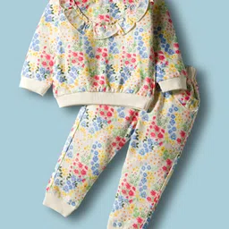 ToffyHouse 100% Knitted Cotton Full Sleeves Top & Lounge Pants Co-Ord Set With Frill Detailing & Floral Print - Offwhite image 1