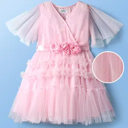 Hola Bonita Knit Half Sleeves Glitter Mesh Party Dress With Floral Applique - Pink-picture-21