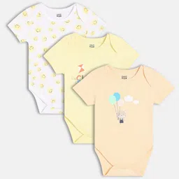 MINI KLUB Cotton Knit Pack Of 3 Half Sleeves Sun & Typography Printed Onesies - White Yellow & Peach-picture-10