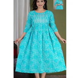 NEVISHA STYLE Cotton Woven Three Fourth Sleeves Floral Swirls Printed Maternity Kurta With Side Zipper Nursing Access - Blue image 1