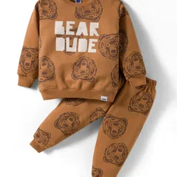 Teddy Fleece Knit Full Sleeves Winter Wear Co-Ord T-Shirt & Joggers Set with Bear Print - Light Brown-picture-28