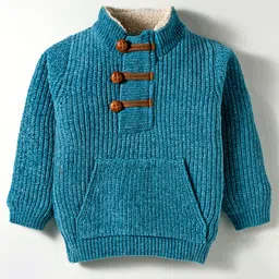 Yellow Apple Knit Full Sleeves Sweater With Kangaroo Pocket - Teal Blue-picture-16