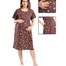 Fabme Sinker Knit Half Sleeves Leaves & Polka Dots Printed Maternity Night Dress With Horizontal Zipper Nursing Access - Chocolate Brown-picture-22