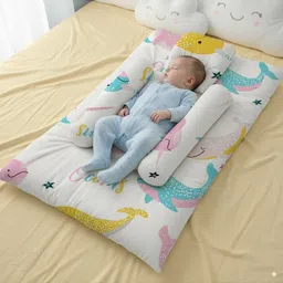 StarAndDaisy Cotton Baby Bedding Set for Newborns Infants & Toddler - Cushioned Mattress Sheet with 2 Side Pillows & 1 Head Pillow, Soft & Breathable for Infant Sleep -Ocean Print-image-2