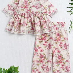 The Magic Wand Cotton Woven Three Fourth Sleeves Floral Printed Gota Lace & Mirror Work Embellished Top & Palazzo Set - Off White-picture-35