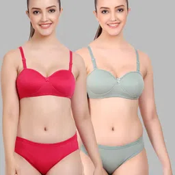 samvar Women Red,Green Cotton Bra Panty Set for Lingerie Set Undergarments Pack of 2-picture-12