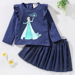 Babyhug 100% Cotton Full Sleeves Princess Elsa Top & Glitter Embellished Skirt Set - Navy image 2