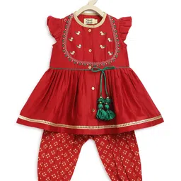 Tiber Taber Cap Frill Sleeves Birds Embroidered Kurta & Motif Foil Printed Harem Pant Combo Set - Red image 3