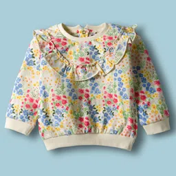 ToffyHouse 100% Knitted Cotton Full Sleeves Top & Lounge Pants Co-Ord Set With Frill Detailing & Floral Print - Offwhite image 2